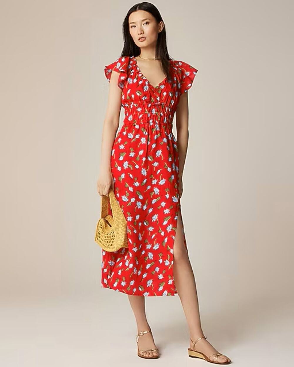 J Crew Palermo Ramie Floral Dress Womens M Red Smocked Elastic Waist V-Neck Slit